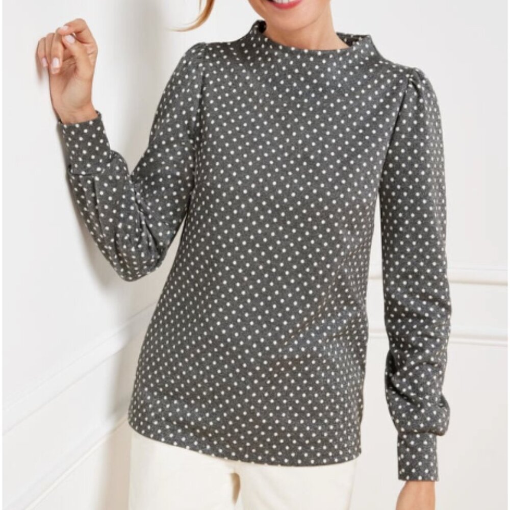 Talbots Plus 2X Sparkle Dot Jacquard Funnel Neck Top Gray